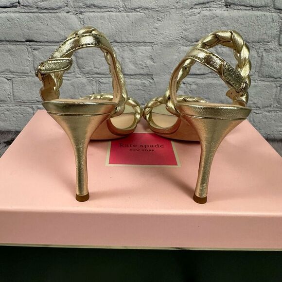 Kate Spade Saffron Heels Sandals Metallic Gold Braided in Pale Gold 6B NWT - Picture 3 of 6